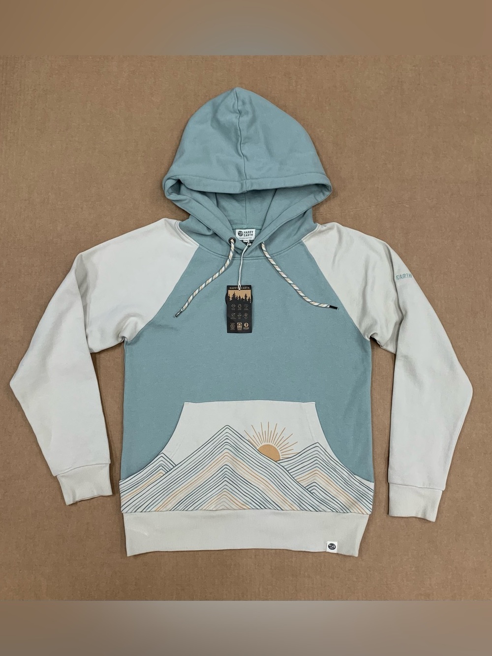 Happy Earth Mountain Landscape Green Beige Hoodie Organic Cotton